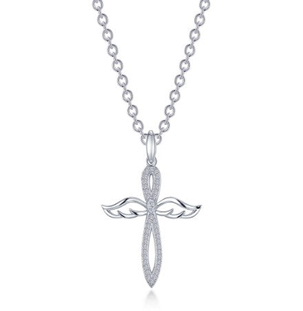 Sterling Silver Simulated Diamond Angel Wings Cross Necklace by Lafonn