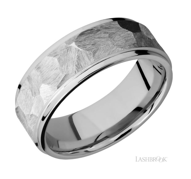 14k White Gold Flat Grooved Edge Rock Texture Finish Wedding Band by Lashbrook Designs