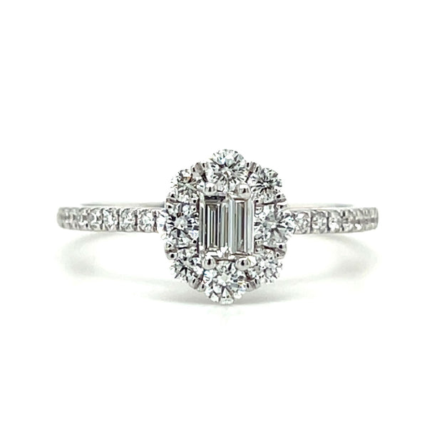 18k White Gold Baguette & Round Brilliant Diamond Halo Engagement Ring