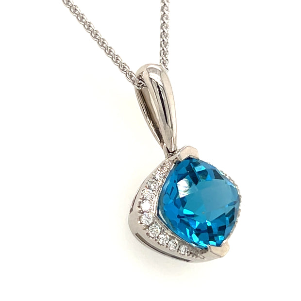 14k White Gold Swiss Blue Topaz & Diamond Pendant