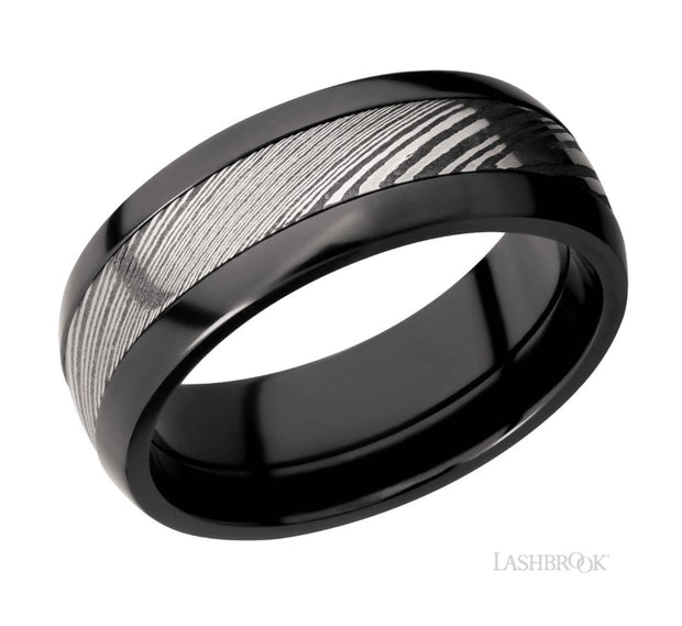 Zirconium & Damascus Inlay Wedding Band by Lashbrook Designs