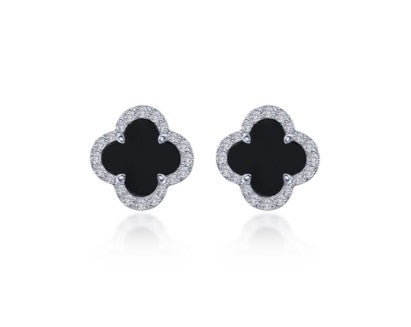 Sterling Silver Simulated Diamond & Natural Onxy Clover Halo Stud Earrings by Lafonn