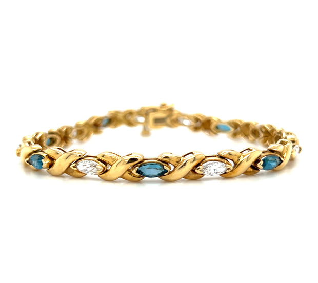 Pre-Owned 18k Yellow Gold Marquise London Blue Topaz & Diamond X Link Bracelet