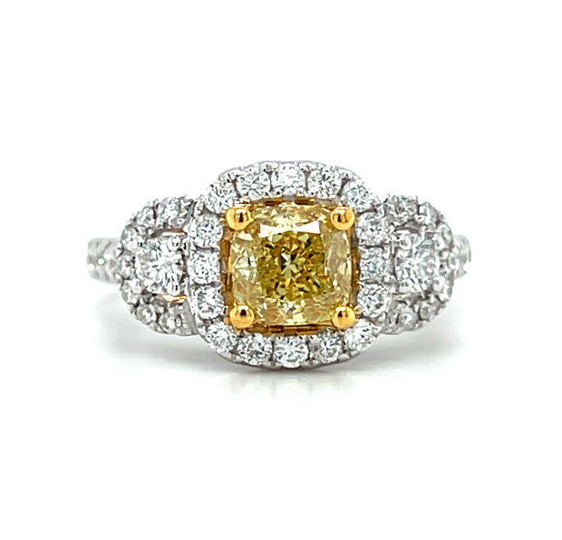 18k Two Tone Gold Cushion Shape Fancy Intense Yellow Diamond Halo Three Stone Ring