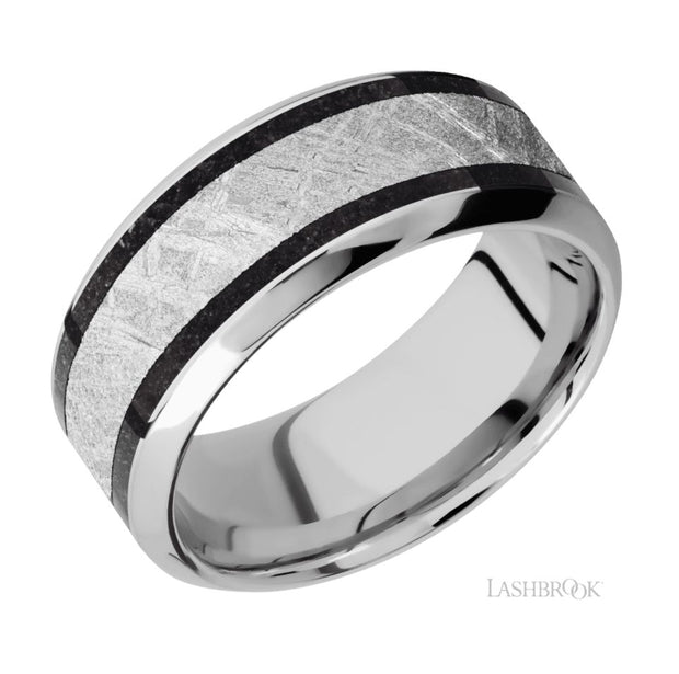 Cobalt, Metorite, & Black Dinosaur Bone Inlay Wedding Band by Lashbrook Designs