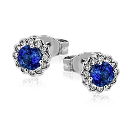 14k White Gold Blue Sapphire Diamond Halo Stud Earrings by Zeghani