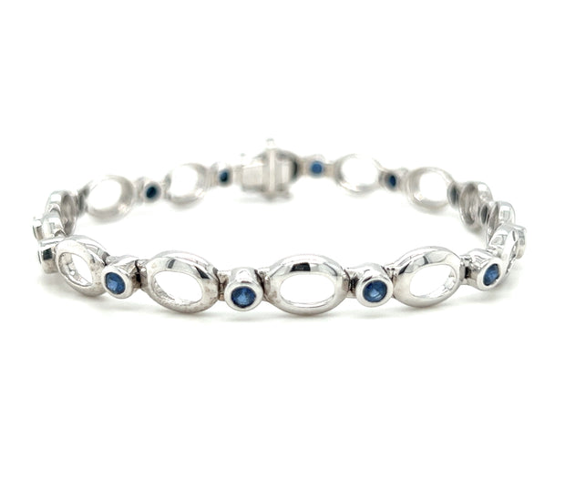 14k White Gold Bezel Set Blue Sapphire Open Link Fashion Bracelet