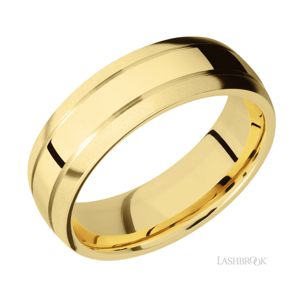 14k Yellow Gold Grooved Domed & Bead Finish Wedding Band by Lashbrook Designs