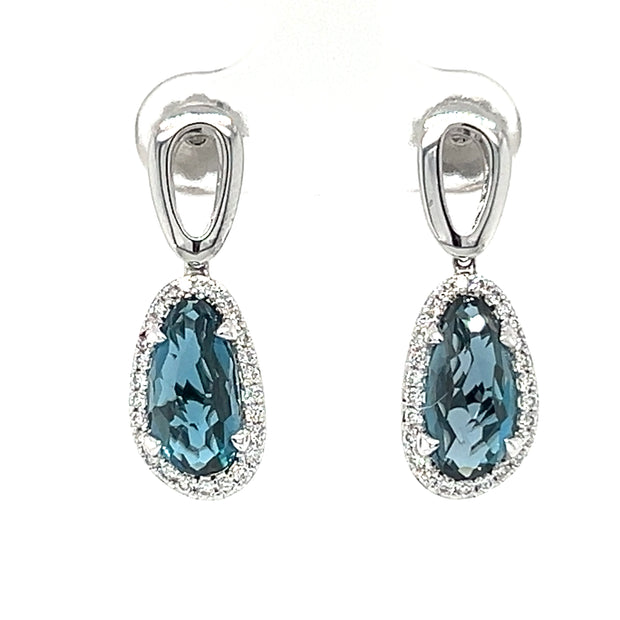 14k White Gold Blue Topaz & Diamond Dangle Earrings by Allison Kaufman