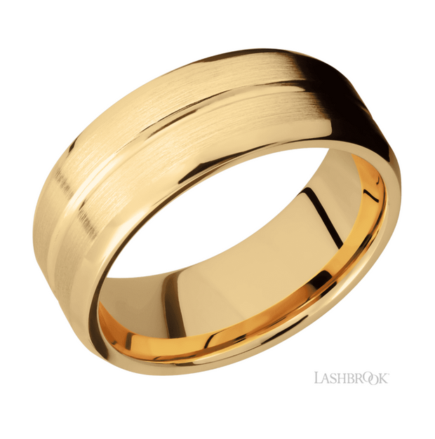 14k Yellow Gold Bevel Grooved Edge & Satin Finish Wedding Band by Lashbrook Designs