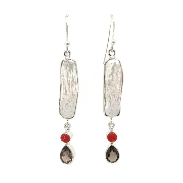 Sterling Silver Mabe Pearl, Coral, & Smoky Quartz Earrings