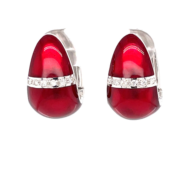 Sterling Silver, Ruby Enamel, & Diamond Teardrop Shape Huggie Hoop Earrings by SOHO