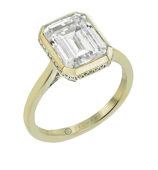 14k Yellow Gold Emerald/Radiant Cut Bezel Diamond Engagement Ring by Zeghani