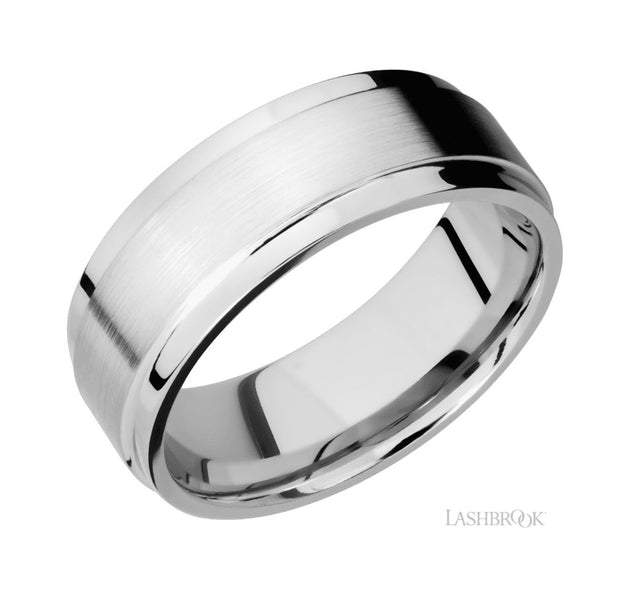 14k White Gold Flat Wide Grooved Edge & Satin Finish Wedding Band by Lashbrook Designs