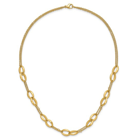 14k Yellow Gold Polished/Brushed Double Strand Navette Link Chain Necklace 18"