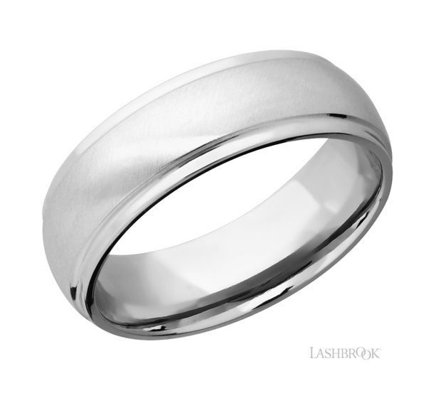 14k White Gold Domed Stepped Down Edge Angle Satin Finish Wedding Band by Lashbrook Designs