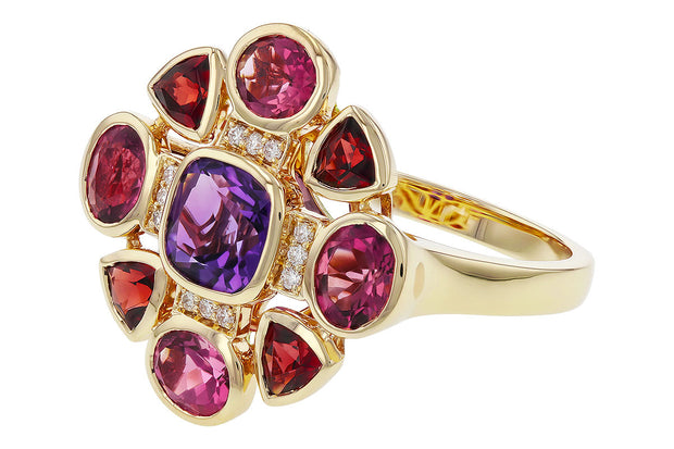 14k Yellow Gold Amethyst, Garnet, Pink Tourmaline & Diamond Ring by Allison Kaufman