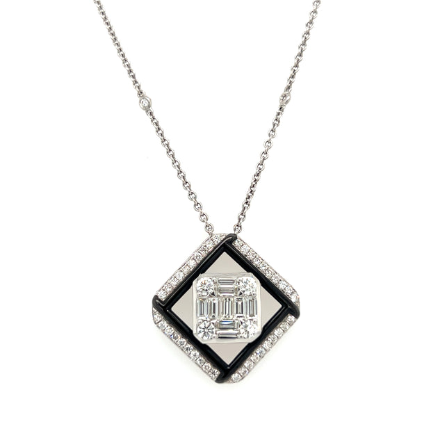 18k White Gold Mosaic Diamond & Black Enamel Fashion Necklace