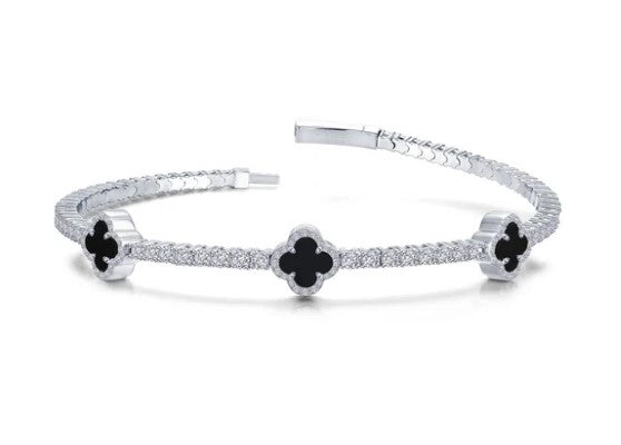 Sterling Silver Simulated Diamond & Genuine Onxy Clover Bangle Tennis Bracelet by Lafonn