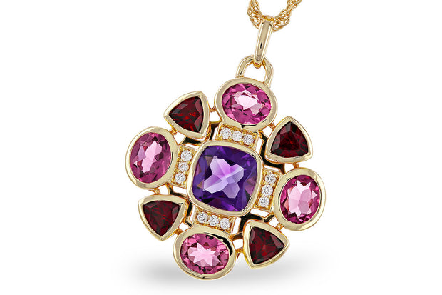 14k Yellow Gold Amethyst, Garnet, Pink Tourmaline & Diamond Necklace by Allison Kaufman