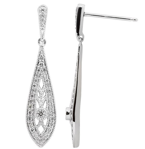 14k White Gold Vintage Inspired Diamond Dangle Fashion Earrings by Rego Designs