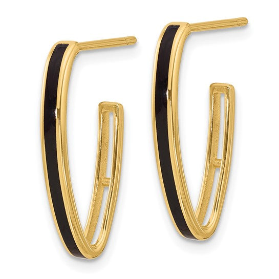 14k Yellow Gold Black Enamel J-Hoop Earrings