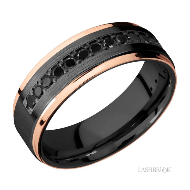 Zirconium/14k Rose Gold Inlay & Bead Set Black Diamond Wedding Band by Lashbrook Designs