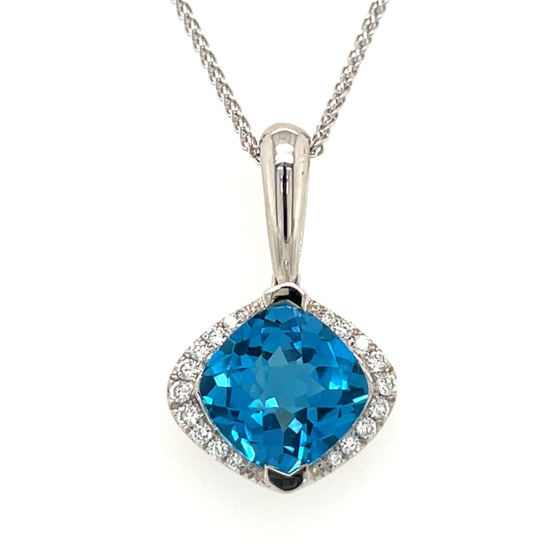 14k White Gold Swiss Blue Topaz & Diamond Pendant