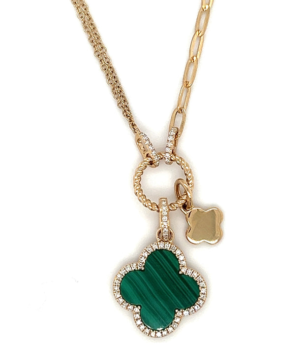 14k Yellow Gold Malachite & Diamond Clover Charm Necklace