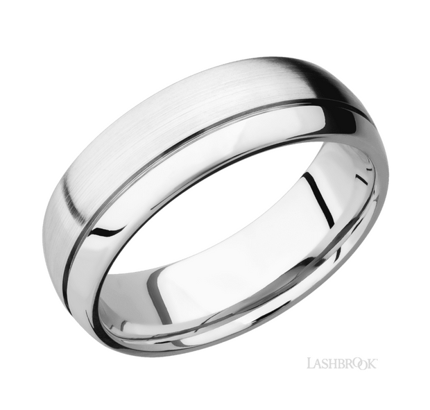 14k White Gold Domed Off Center Accent Groove Wedding Band by Lashbrook Designs