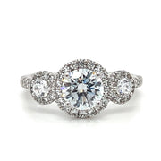 18k White Gold Three Stone Diamond Halo Engagement Ring