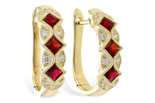 14k Yellow Gold Vintage Inspired Ruby & Diamond Hoop Earrings by Allison Kaufman