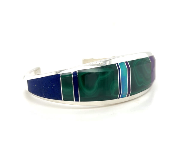 Pre-Owned Sterling Silver Multi-Gemstone Inlay Cuff Bracelet