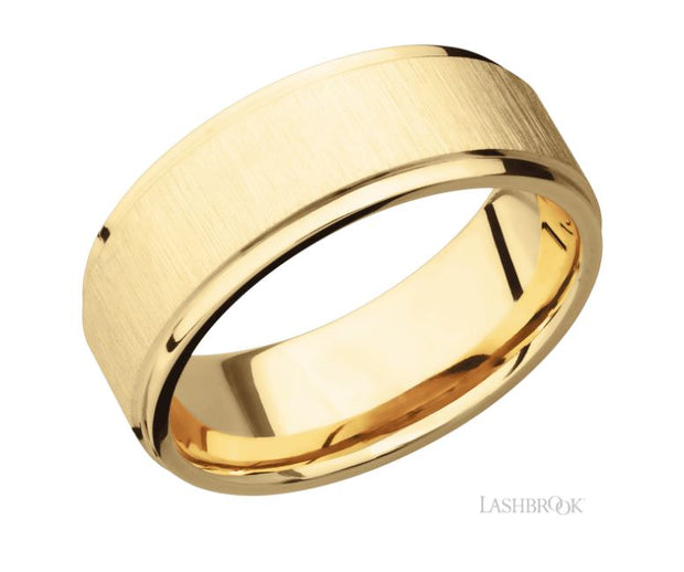 14k Yellow Gold Flat Edge Cross Satin Finish Wedding Band by Lashbrook Designs