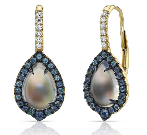 18k Yellow Gold Moonstone, Alexandrite, & Diamond Earrings by Designer Omi Privé