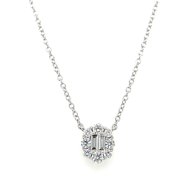 18k White Gold Baguette Diamond & Halo Necklace