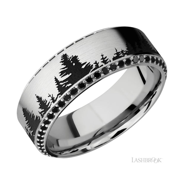 14k White Gold Tree Design & Bead Set Black Diamond Eternity Wedding Band by Lashbrook Designs
