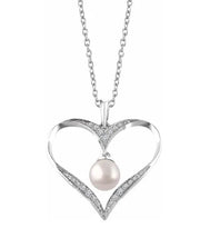 Sterling Silver Freshwater Cultured Pearl & Diamond Accented Open Heart Necklace