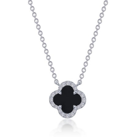 Sterling Silver Simulated Diamond & Natural Onxy Clover Halo Fashion Necklace by Lafonn