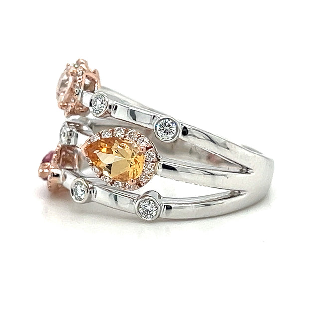 14k White/Rose Gold Accents Imperial Topaz, Pink Tourmaline, & Morganite Multi Row Gemstone Fashion Ring by Rego Designs