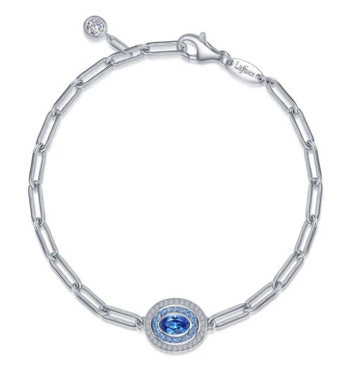 Sterling Silver Simulated Diamond & Simulated Blue Topaz Double Halo Paperclip Link Bracelet by Lafonn