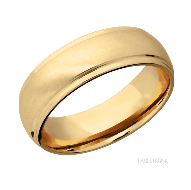 14k Yellow Gold Domed Bevel Edge & Angle Satin Finish Wedding Band by Lashbrook Designs