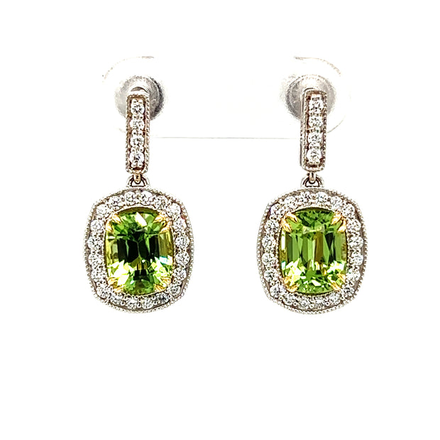 18k Two Tone Peridot & Diamond Dangle Earrings by IJC