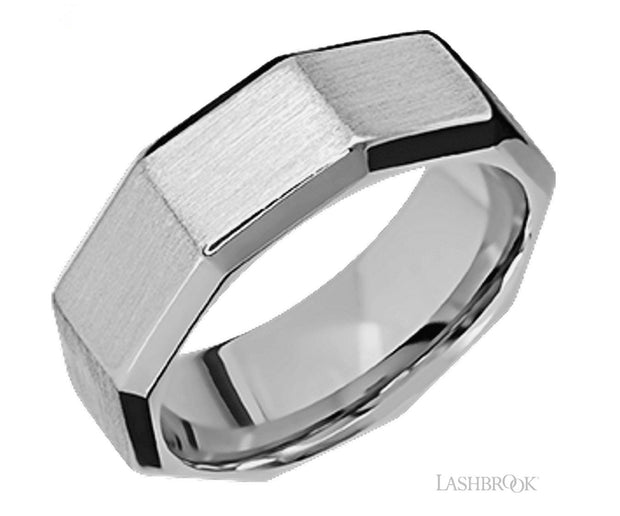 14k White Gold High Bevel Faceted & Satin Finish Wedding Band by Lashbrook Designs