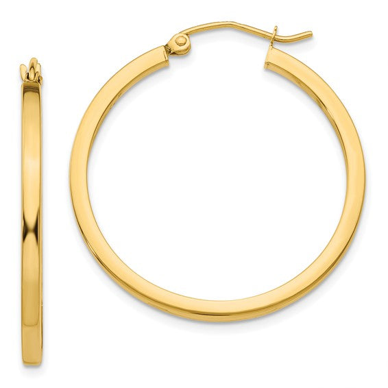 14k Yellow Gold 2 mm Square Medium Hoop Earrings