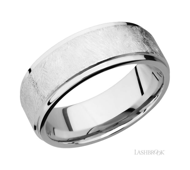 14k White Gold Flat Grooved Edge Distressed Finish Wedding Band by Lashbrook Designs