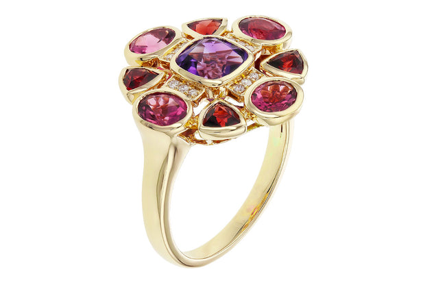 14k Yellow Gold Amethyst, Garnet, Pink Tourmaline & Diamond Ring by Allison Kaufman