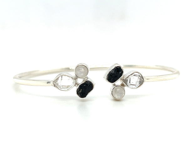 Sterling Silver Herkimer Diamond (Quartz), Black Tourmaline, & Moonstone Bangle Bracelet