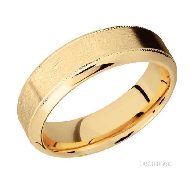 14k Yellow Gold 7 mm Bevel Milgrain Detail & Distress Finish Wedding Band by Lashbrook Designs