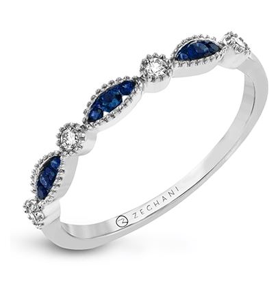 14k White Gold Vintage Inspired Blue Sapphire & Diamond Accented Band by Zeghani